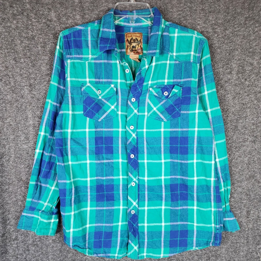 Red Camel Shirt Boys XL Plaid Teal Blue Western Button Down Long Sleeve EUC